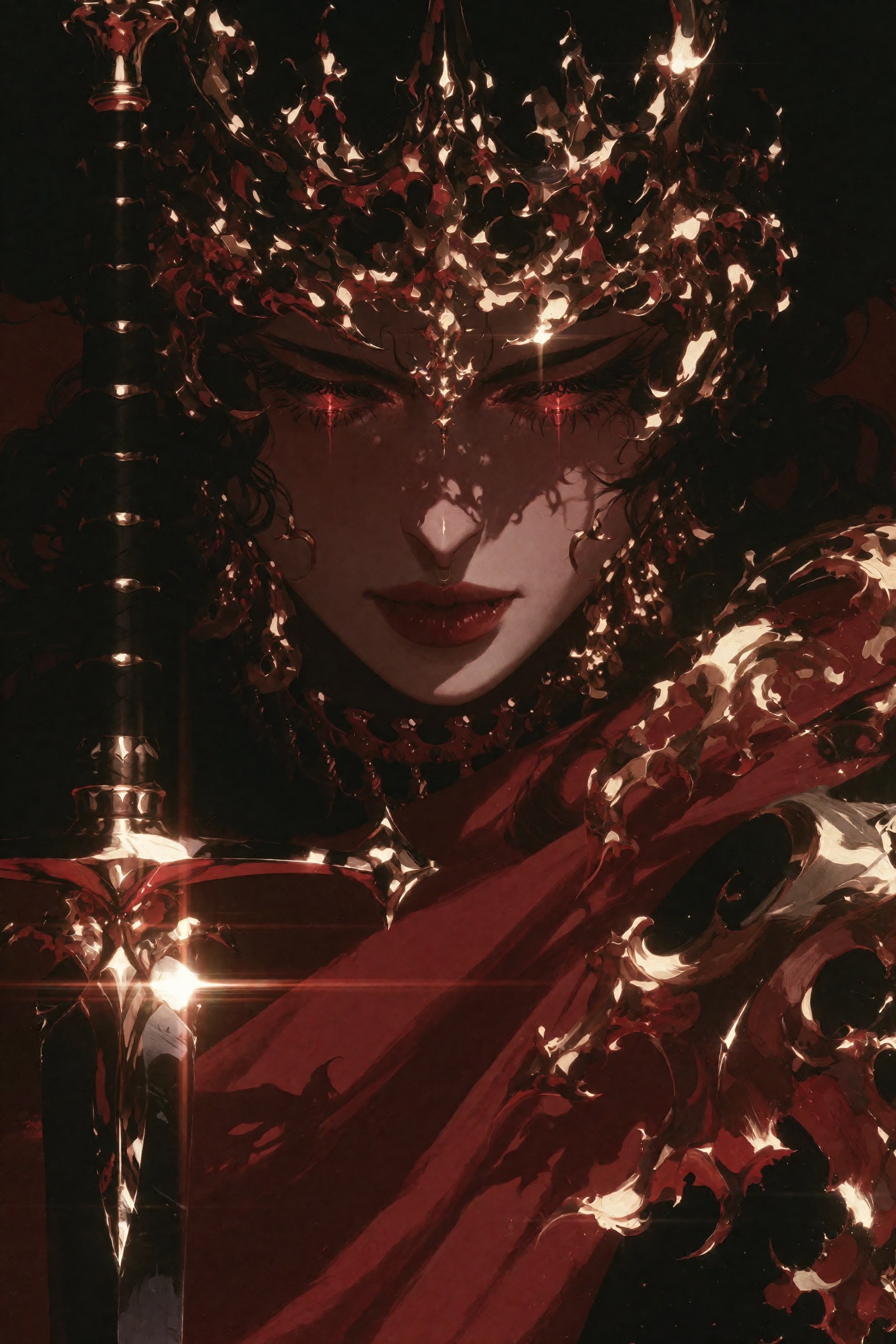 Dark fantasy oil painting of an ominous demonic sovereign wearing an impossibly ornate baroque crown of molten gold and co...