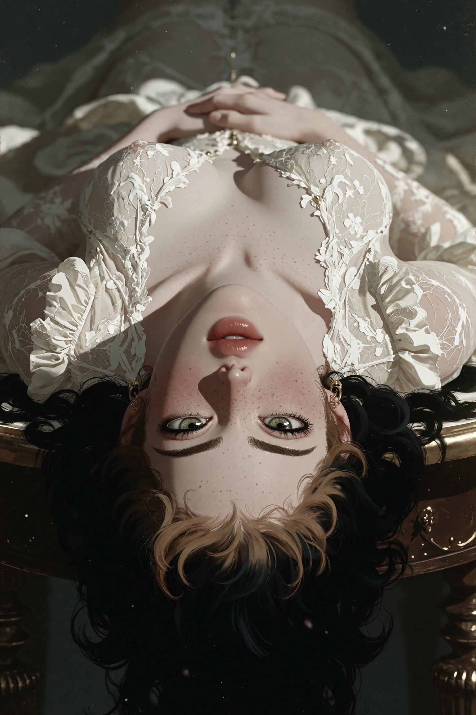 wonheegirl laying down on a dark wooden table,  looking directly at the viewer,  full body shot on Tensor.Art