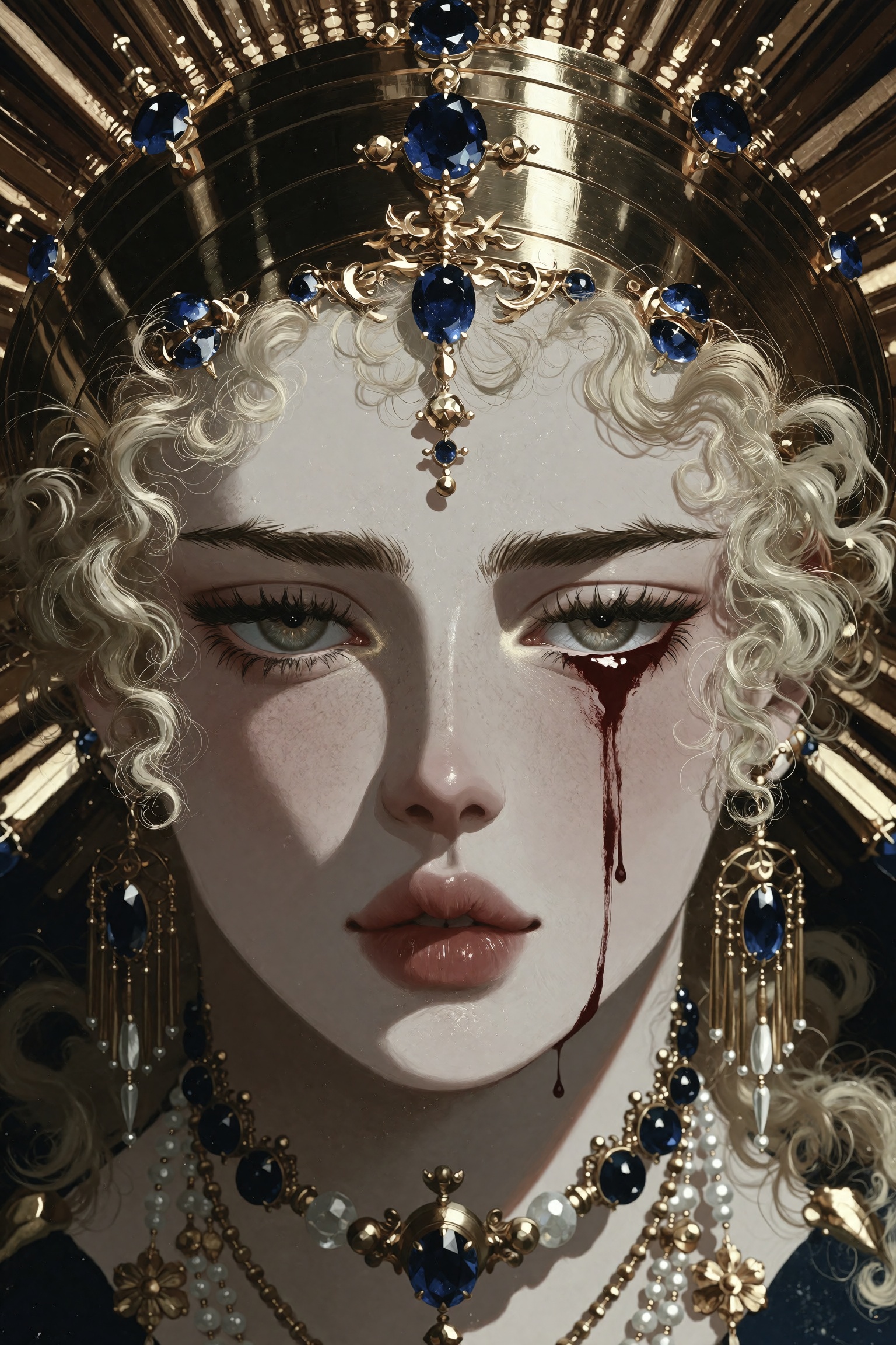Close-up portrait of a martyred saint with pale luminous skin and flowing platinum blonde curls,  ornate golden halo with...