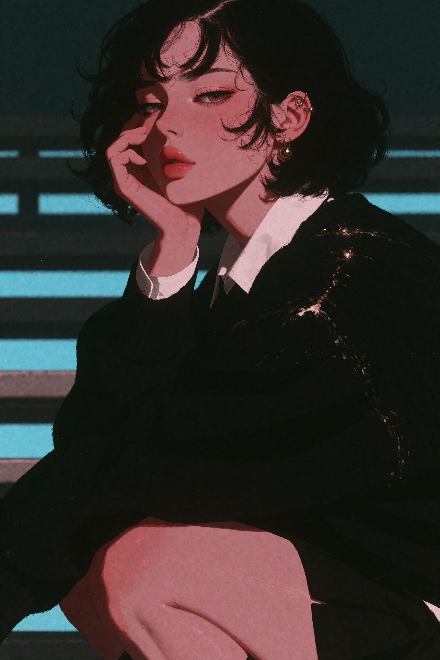 A young woman with a dark bob crouches on slatted bleachers,  glancing over her shoulder,  resting her chin on her hand. S...