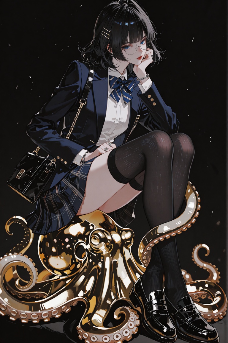 EX_020,  anime style illustration,  full body portrait of a stylish girl with shoulder-length black hair and straight bang...