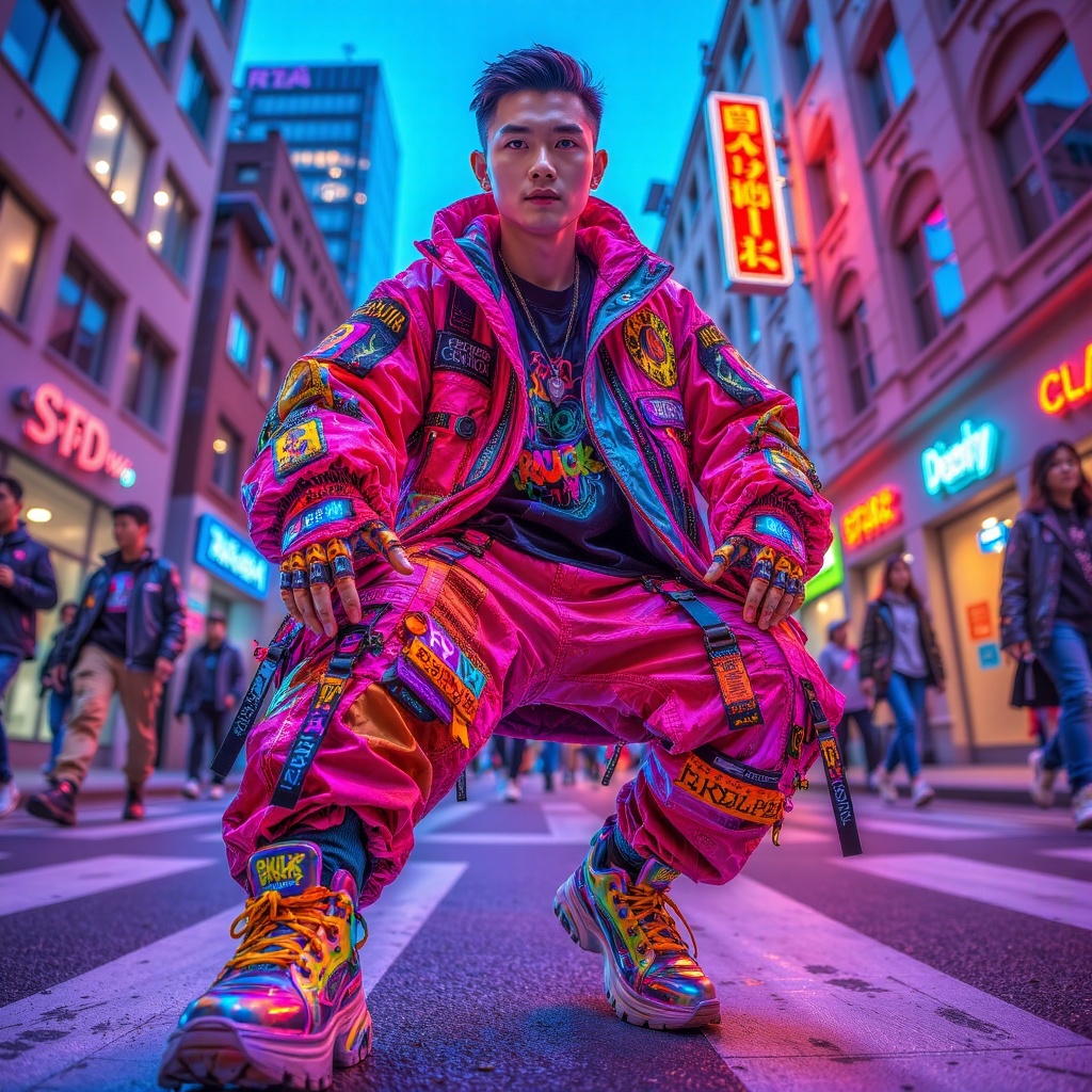 hyperdrip_master,  full body streetwear outfit,  oversized neon jacket on Tensor.Art