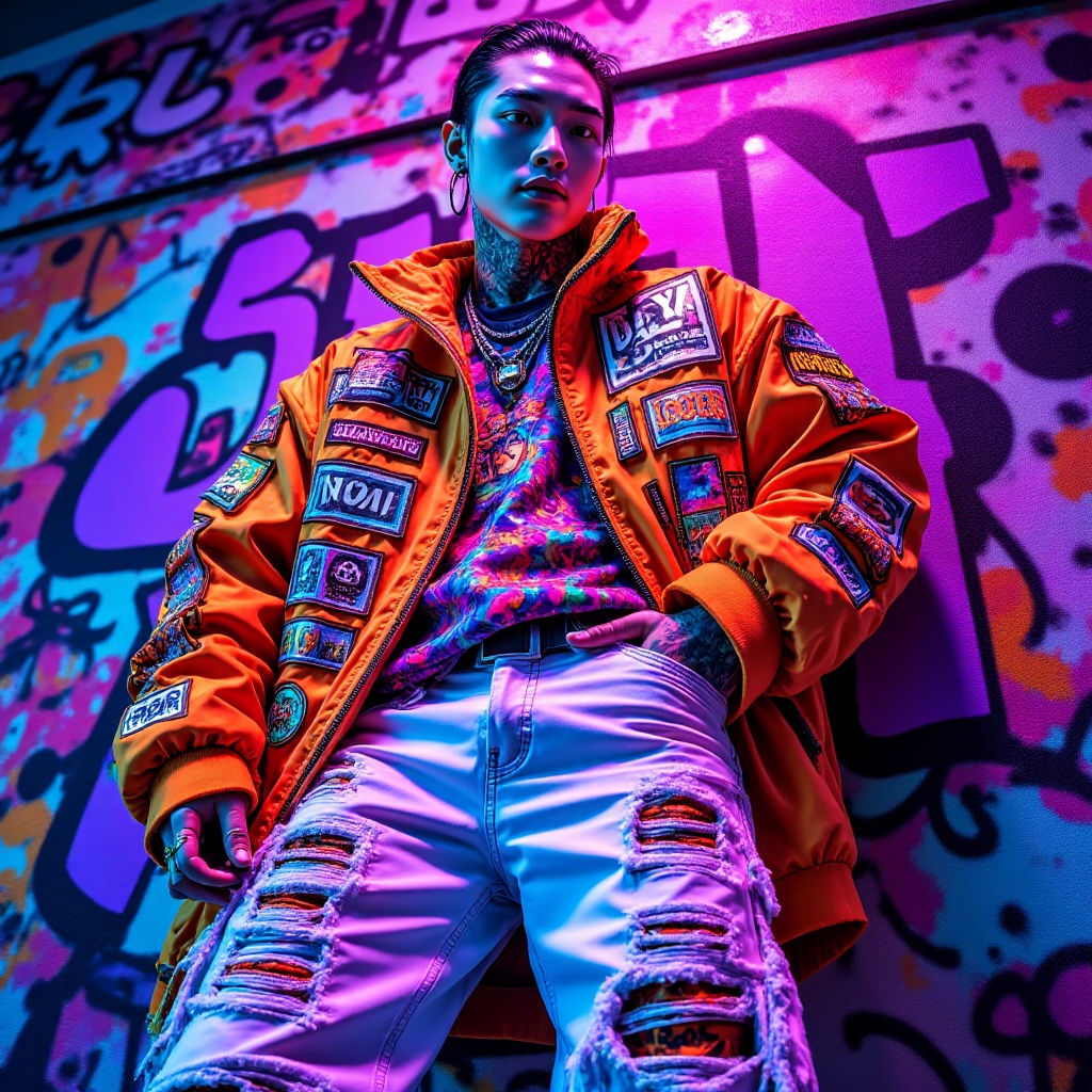 hyperdrip_master,  Asian man with handsome white face with tattoos,  wearing a streetwear outfit full of emblems and graff...