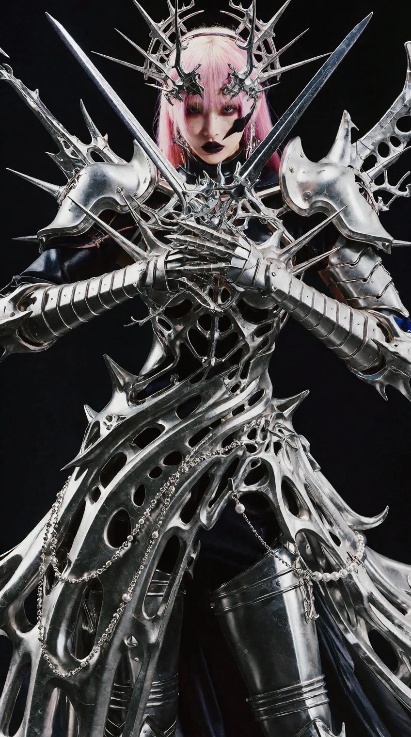 avant-garde female warrior,  extreme cyberpunk-gothic aesthetic,  high-fashion editorial portrait on Tensor.Art