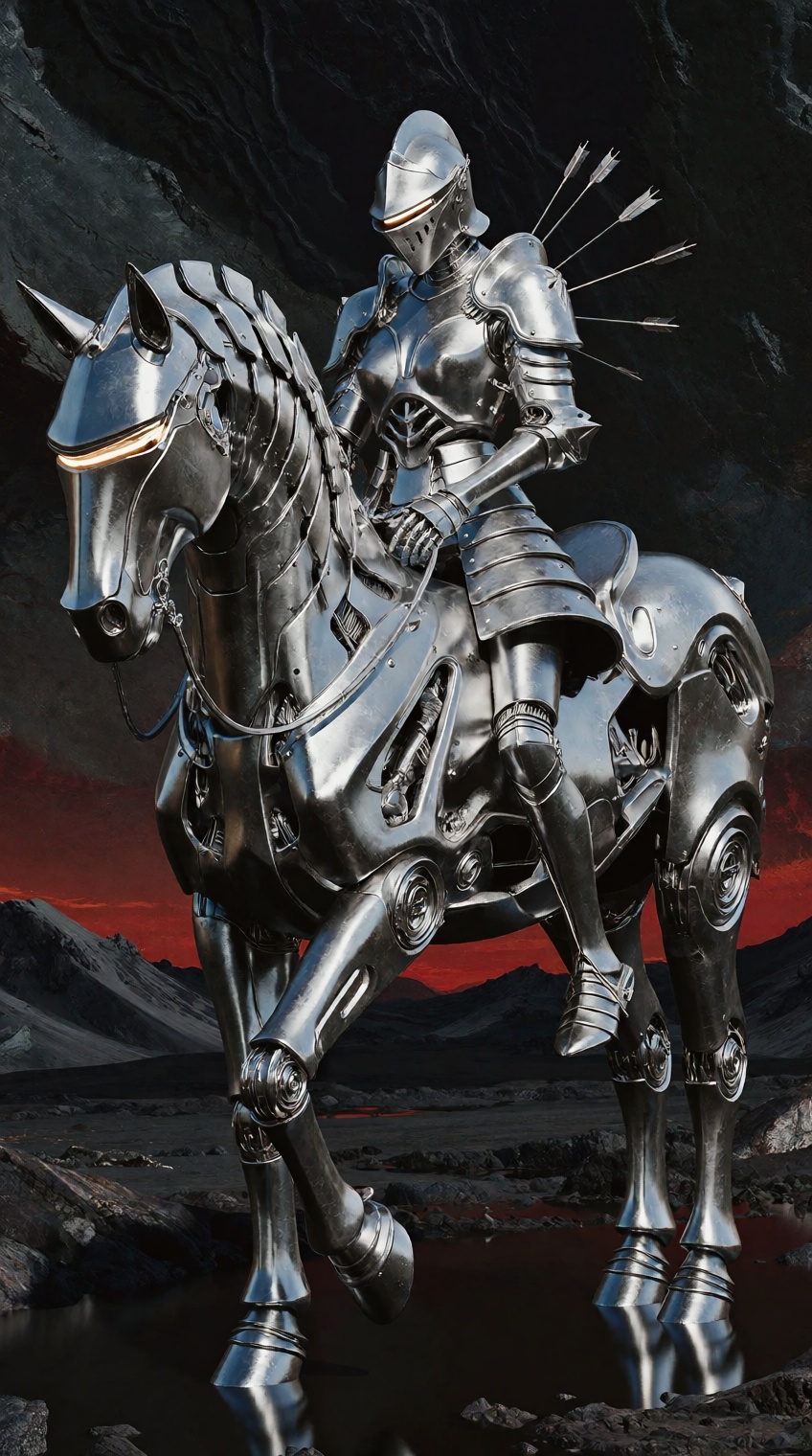 armored female knight on mechanical horse,  futuristic medieval cavalry,  dark fantasy equestrian portrait on Tensor.Art