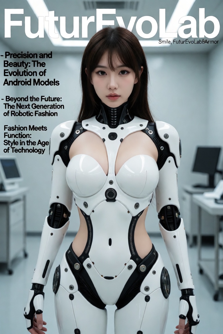 A sleek,  minimalistic magazine cover featuring a beautiful female android model in glossy,  white futuristic armor on Ten...