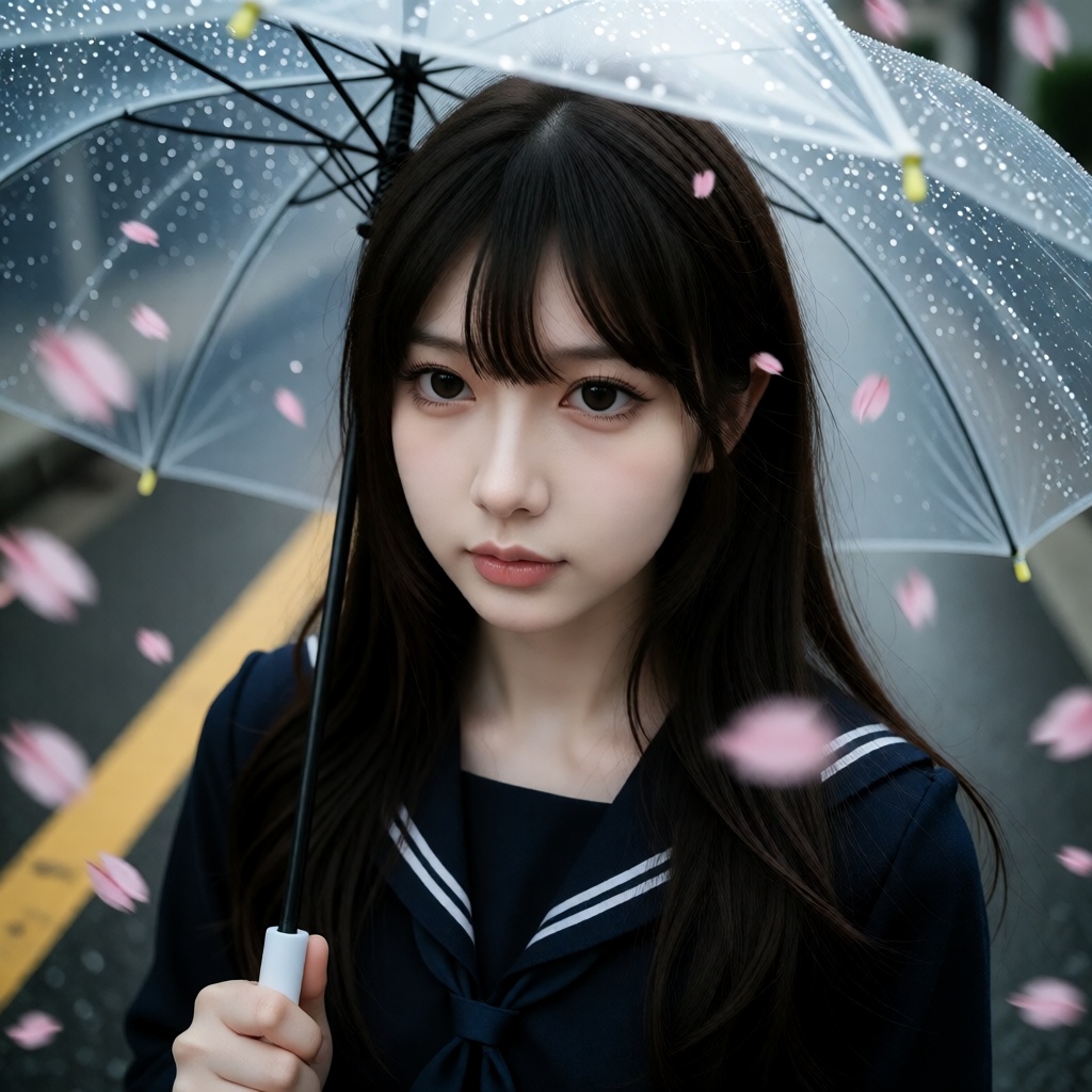 A photorealistic,  photograph High-angle,  extreme close-up shot looking down at a young East Asian woman standing on a ci...