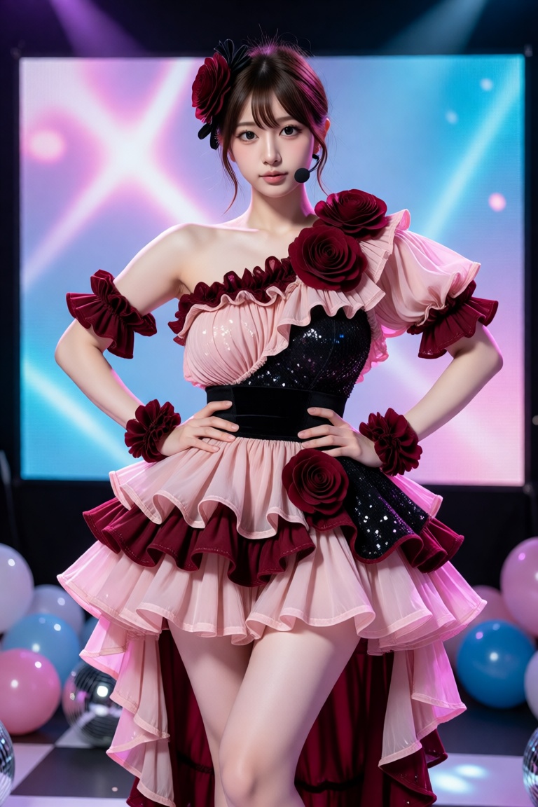 Style & Medium: Photorealistic stage performance photography with vibrant theatrical lighting,  candid idol portrait direc...