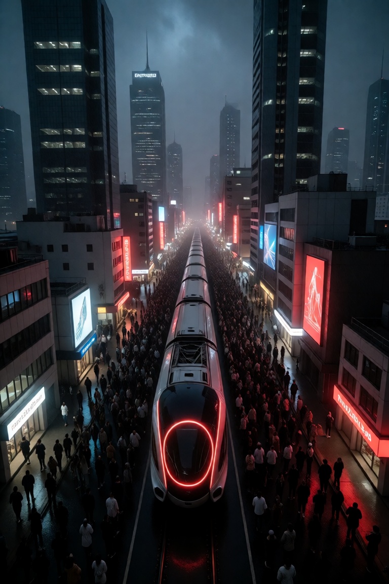 FuturEvoLab_Red,  A highly detailed cyberpunk cityscape viewed from above,  showcasing a futuristic urban environment with...