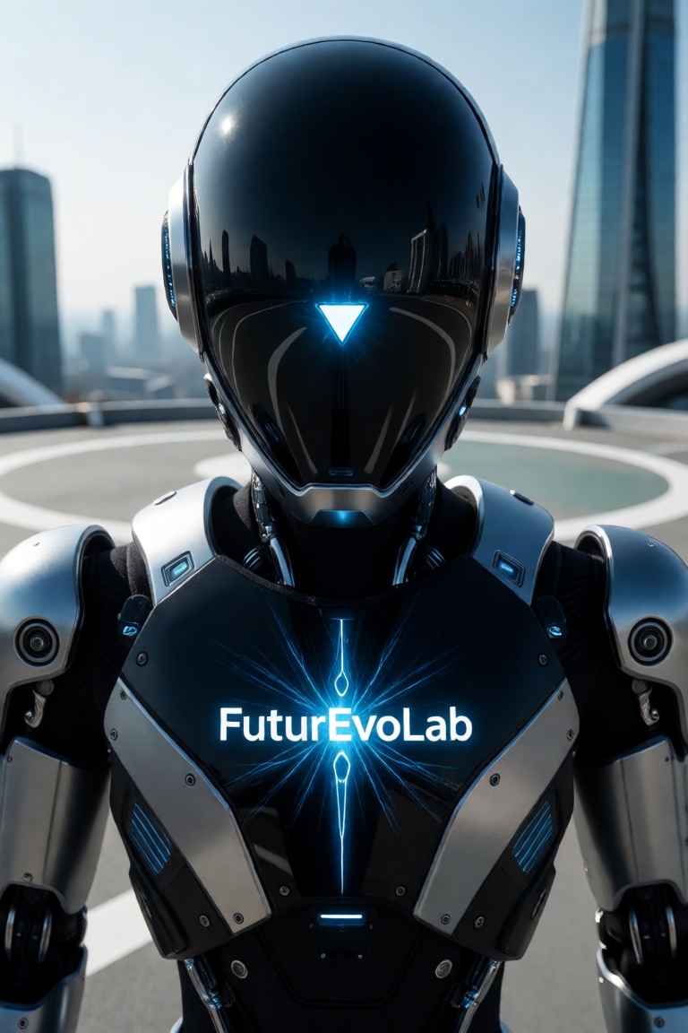 A high-tech humanoid robot with a reflective jet-black helmet shaped like a smooth,  featureless dome. A faintly glowing t...