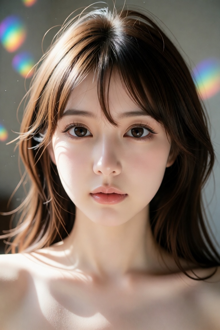A dreamy and ethereal portrait of a young woman with soft,  wavy brown hair illuminated by cascading sunlight. Her deep,...