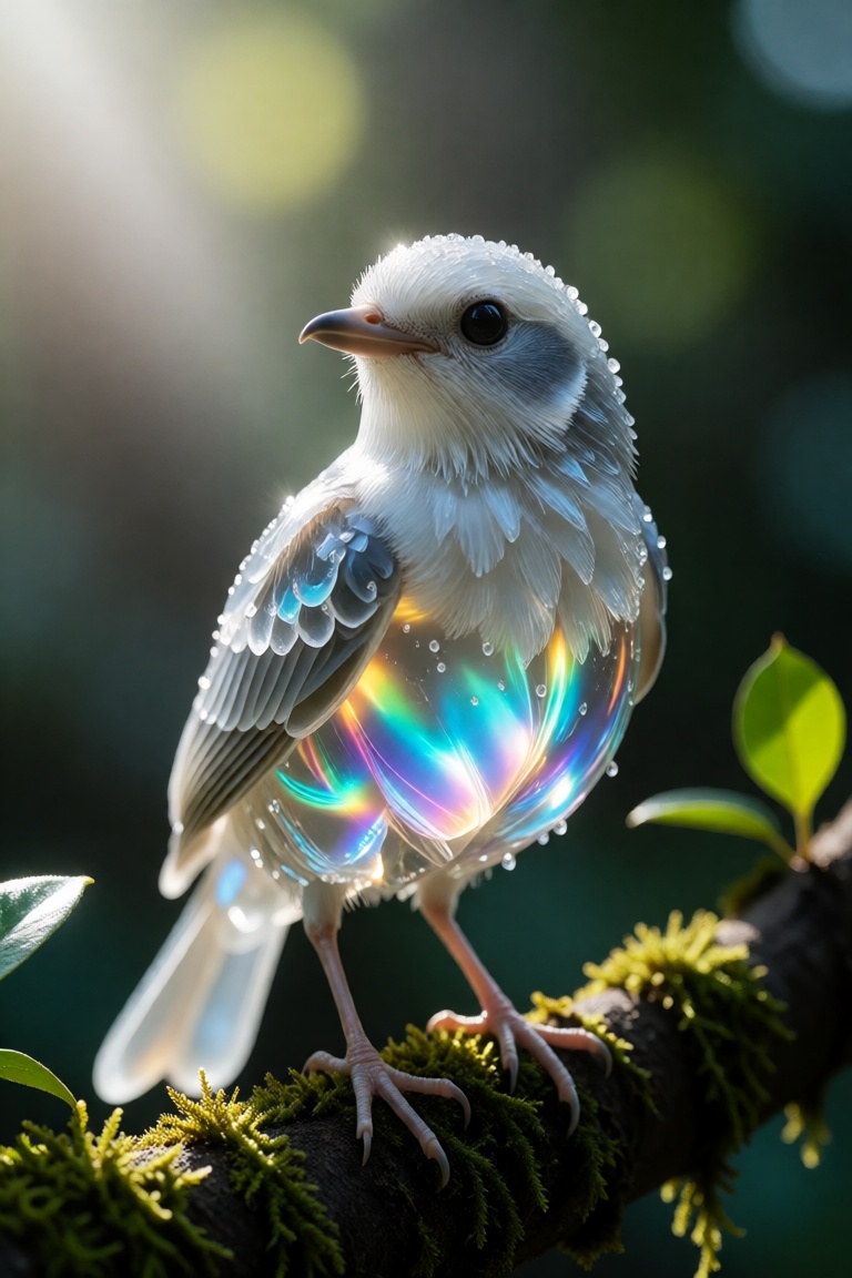 hyper-realistic image of a stunning crystalline bird standing calmly on a mossy branch,  body made of clear gem-like cryst...