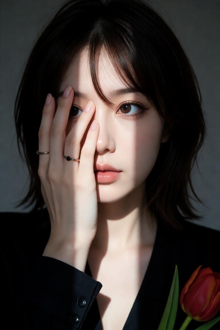 A portrait of a girl with short,  dark hair,  partially illuminated by a narrow beam of light on Tensor.Art