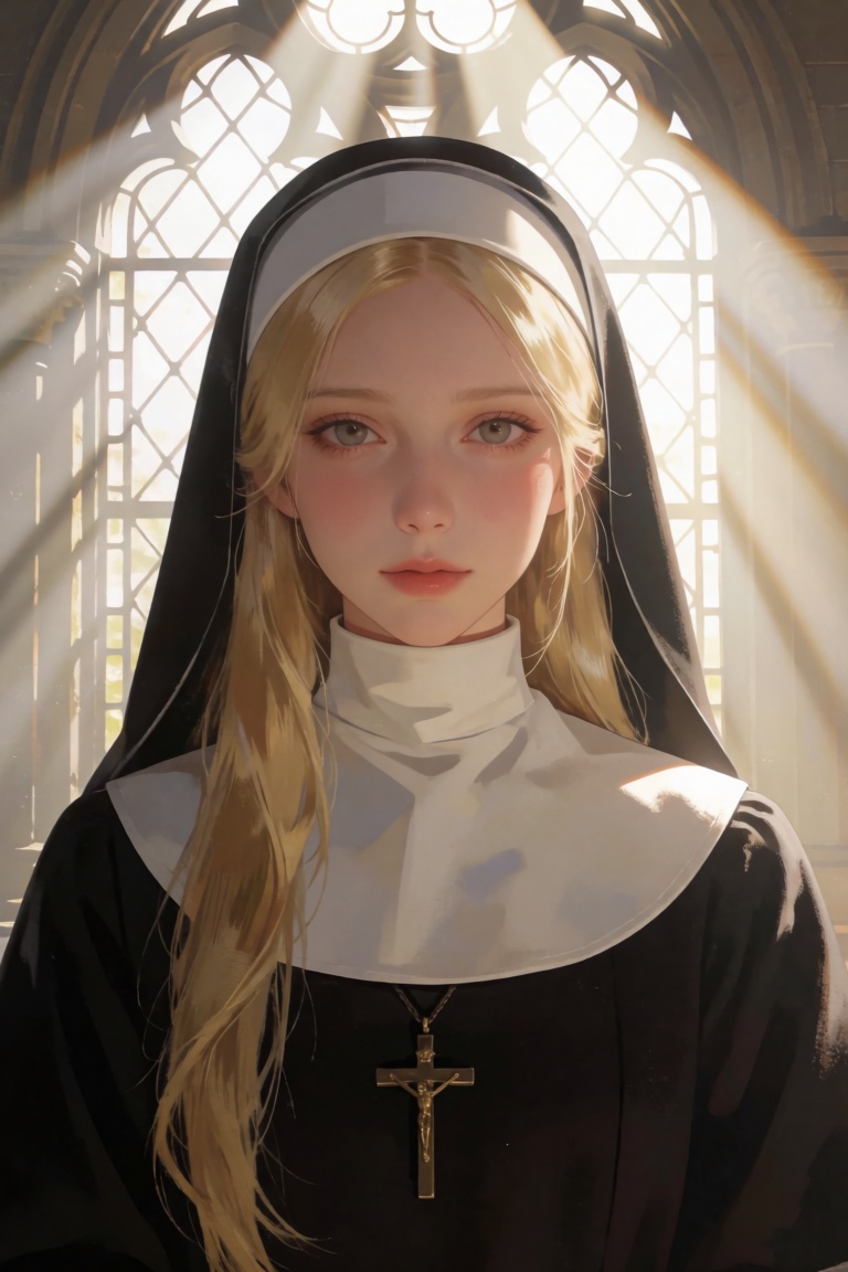 A fair-skinned young woman with long,  straight blonde hair and a serene expression is centered in a close-up portrait,  d...