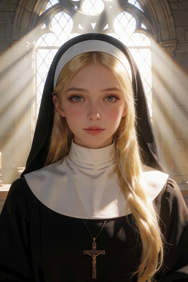 A fair-skinned young woman with long,  straight blonde hair and a serene expression is centered in a close-up portrait,  d...
