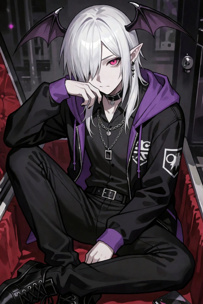 a half-body image of a 1boy with bat wings,  black nails,  ear piercing on Tensor.Art