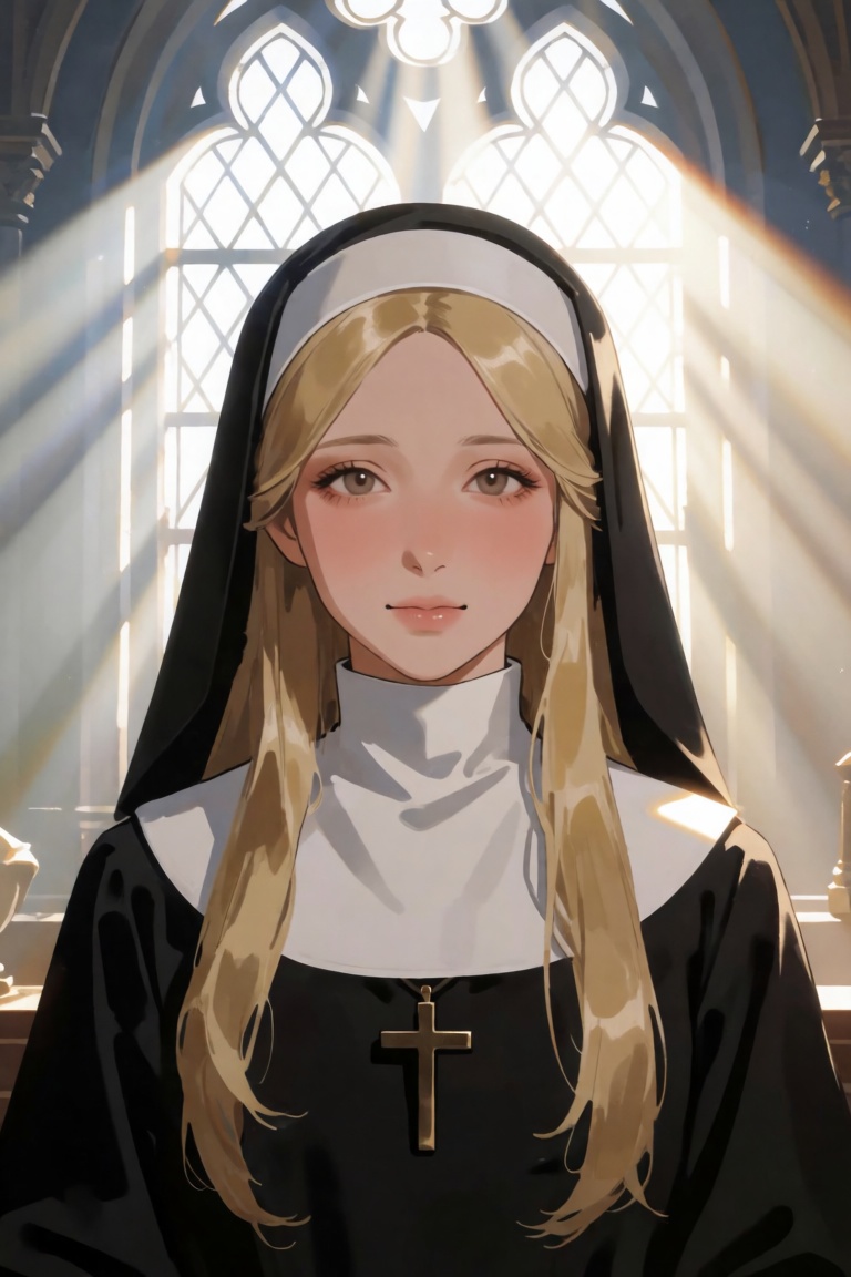 A fair-skinned young woman with long,  straight blonde hair and a serene expression is centered in a close-up portrait,  d...