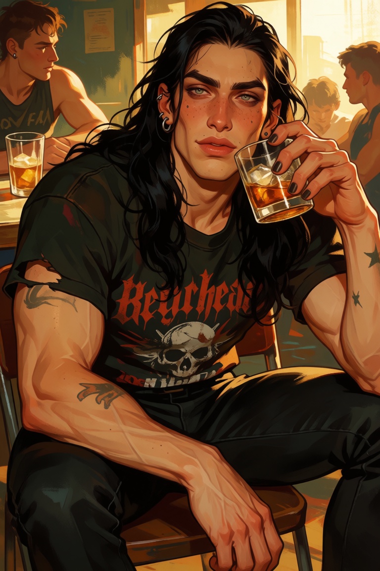 a gorgeous male,  with long black hair. he's a metalhead. wears a worn black metal band t-shirt from the 80s. his pants ar...