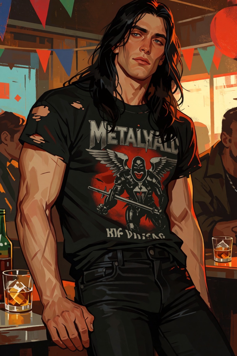 a gorgeous male,  with long black hair. he's a metalhead. wears a worn black metal band t-shirt from the 80s. his pants ar...