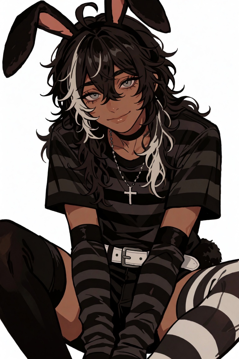 A boy with dark brown skin with warm tones,  textured black long multicolored streaked hair,  styled with an ahoge and par...