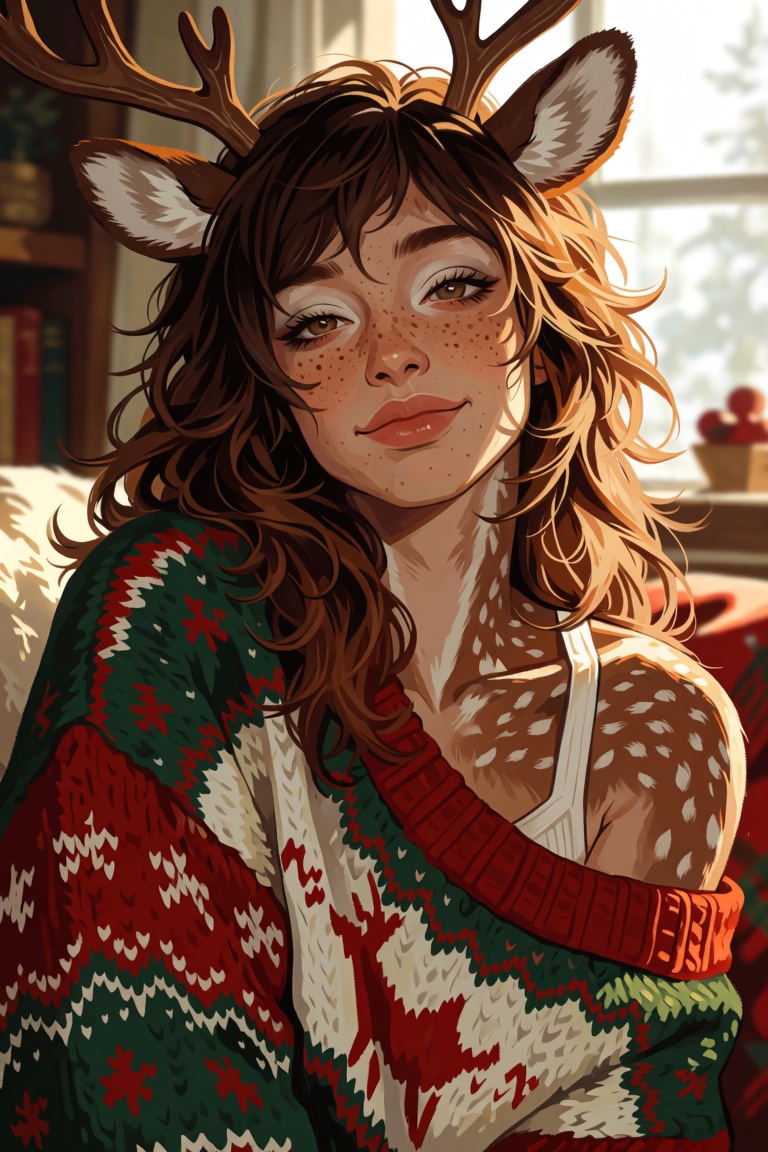a portrait of a girl with reindeer ears,  reindeer antlers. She's a lovely half-human,  half-reindeer mature female. She i...