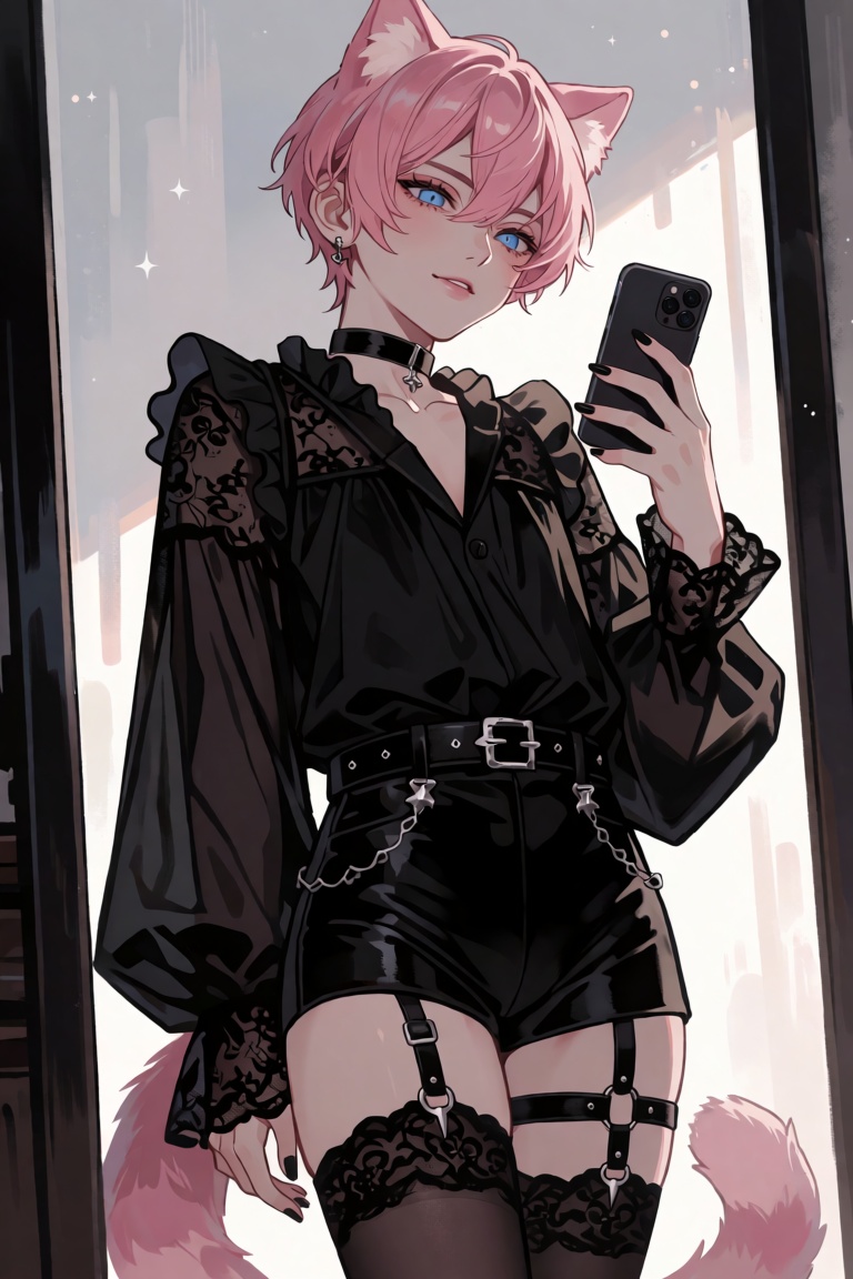 A young boy with short pink hair and striking blue eyes stands in front of a mirror,  holding a phone in one hand. He has...