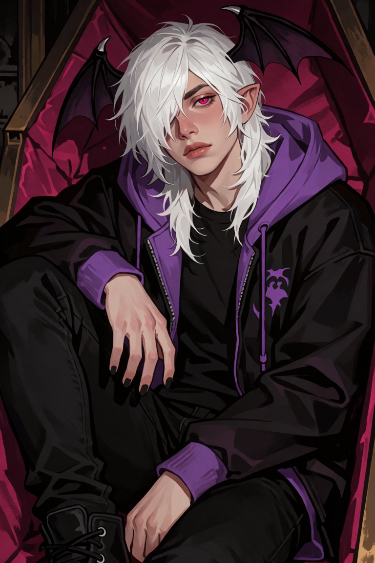 a half-body image of a 1boy with bat wings,  black nails,  ear piercing on Tensor.Art