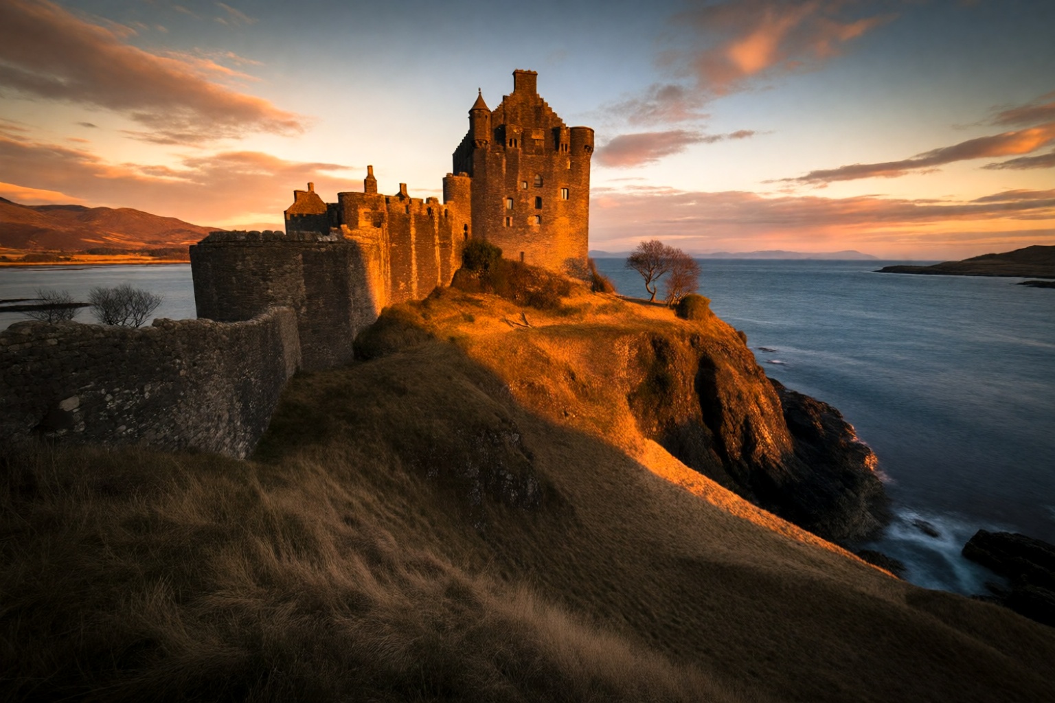 aurelmanea7k2e6 photography. A breathtaking,  wide shot of an ancient Scottish medieval castle perched majestically on a d...