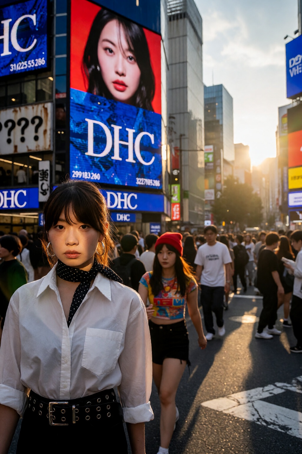 {"high_level_description":"Cinematic street photography of a stylish young Japanese woman in Shibuya,  Tokyo. The bustling...