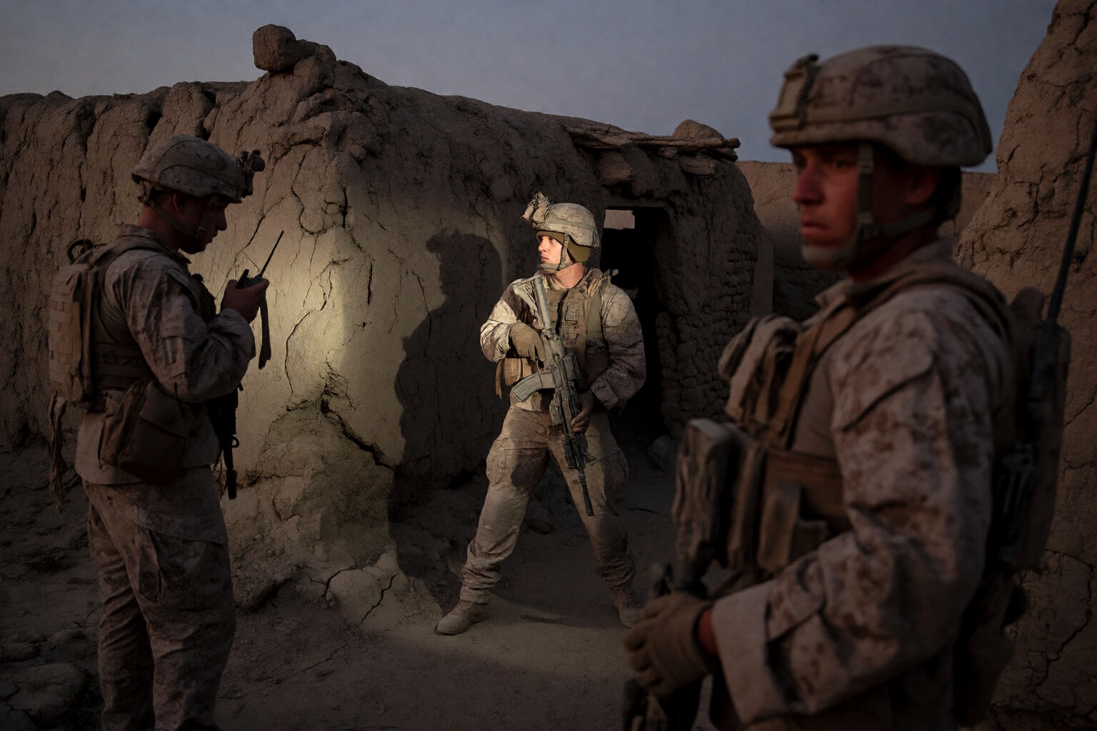 {"high_level_description":"A grit-caked candid war photograph of three US Marines in a desert compound at dusk. The scene...
