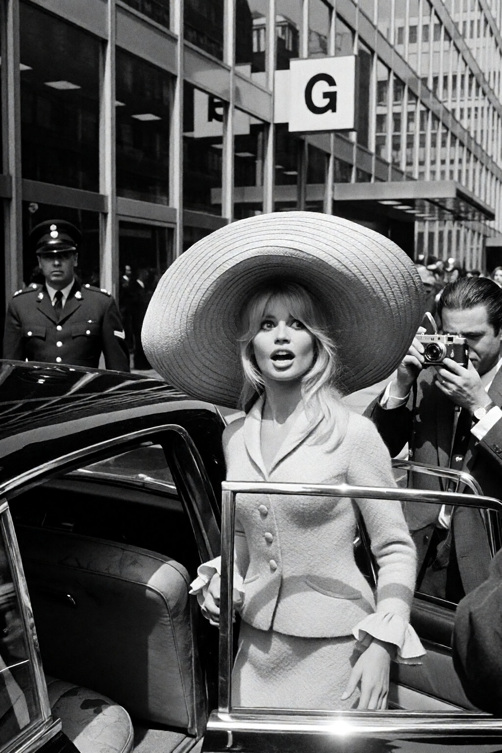 {"high_level_description":"1960s black-and-white photography capturing Brigitte Bardot in London. She wears an oversized s...
