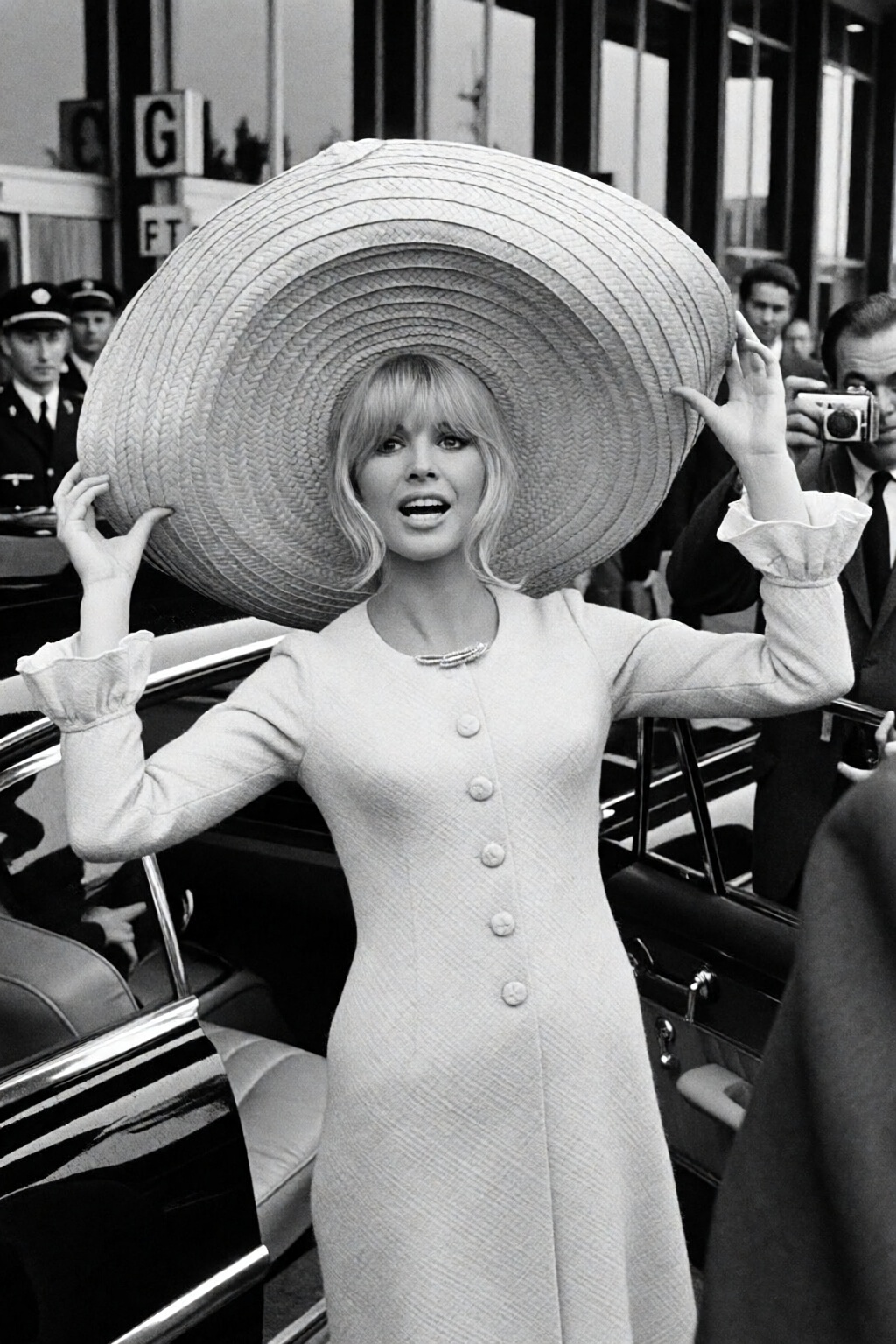 Black-and-white vintage photograph. A 1960s French woman with blonde,  shoulder-length hair and bangs stands facing the ca...