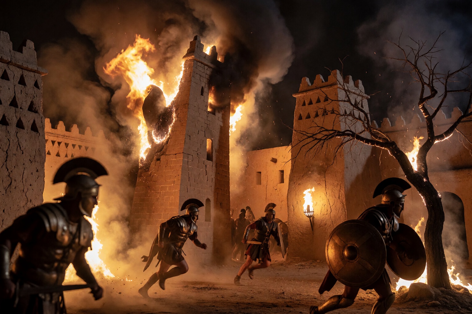 {"high_level_description":"Cinematic historical warfare scene capturing the chaotic fall of an ancient North African citad...