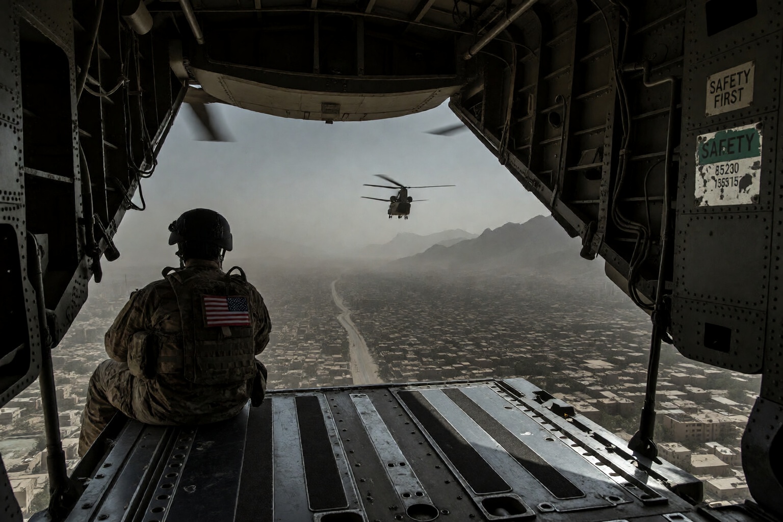 {"high_level_description":"A cinematic,  wide-angle photograph from the dark interior of a military cargo helicopter,  loo...