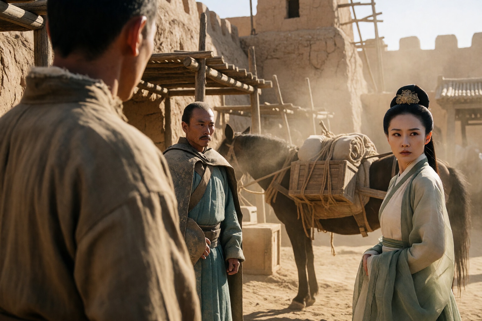{"high_level_description":"A cinematic,  dusty period drama shot in an ancient East Asian frontier outpost. An aristocrati...