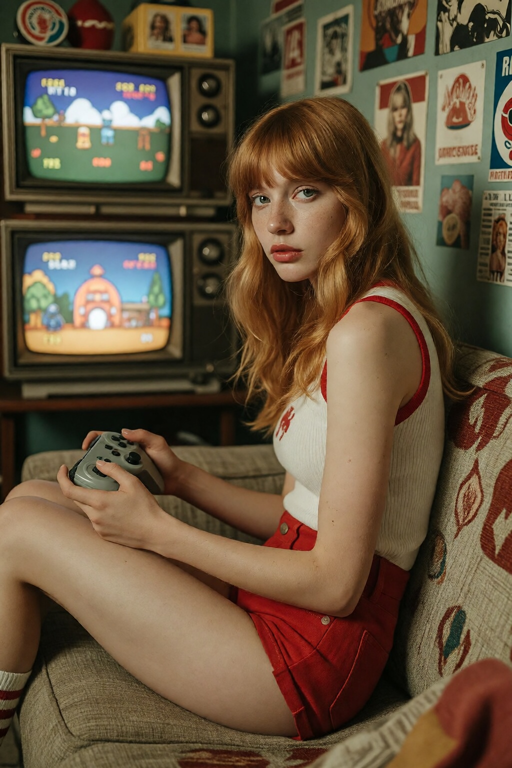 Young Dutch model,  shown in side profile,  is sitting on a patterned couch on Tensor.Art