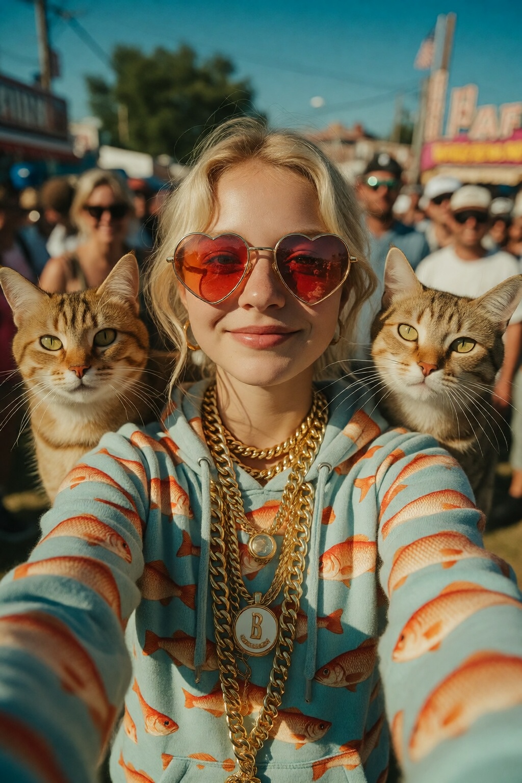 A blonde American girl is wearing a hoodie with a playful design of orange fish on a light blue background. She is also we...