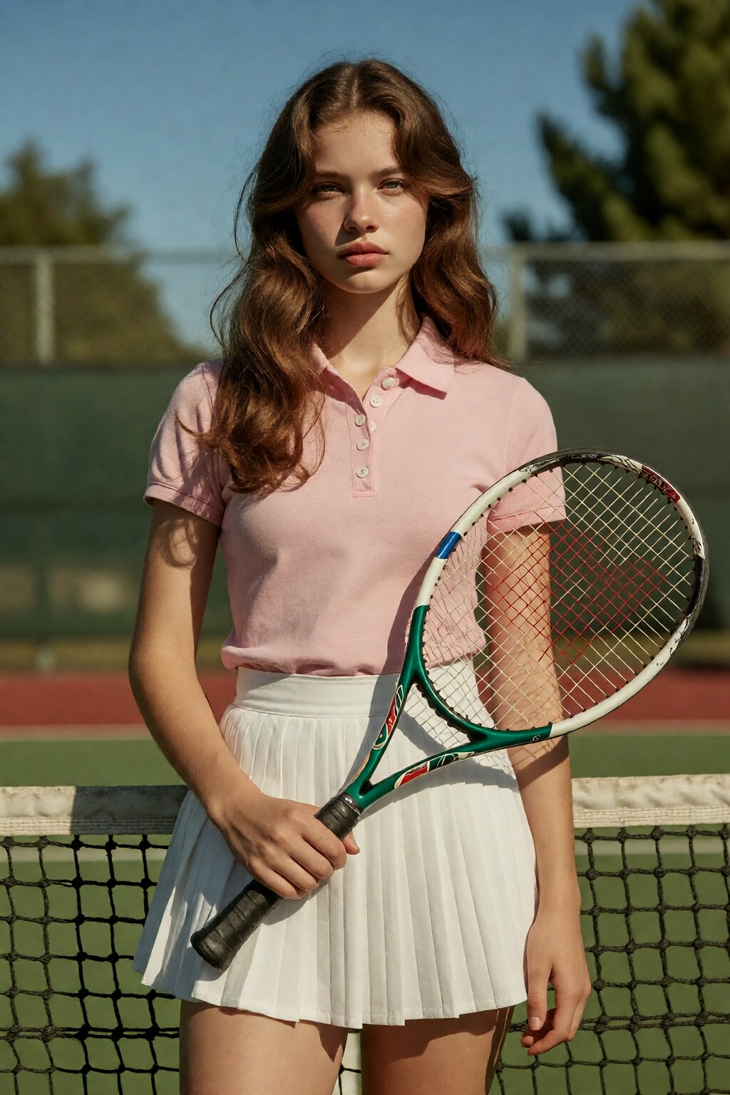 An English teenager is standing on a tennis court,  looking directly at the viewer. She has long,  wavy brown hair and is...