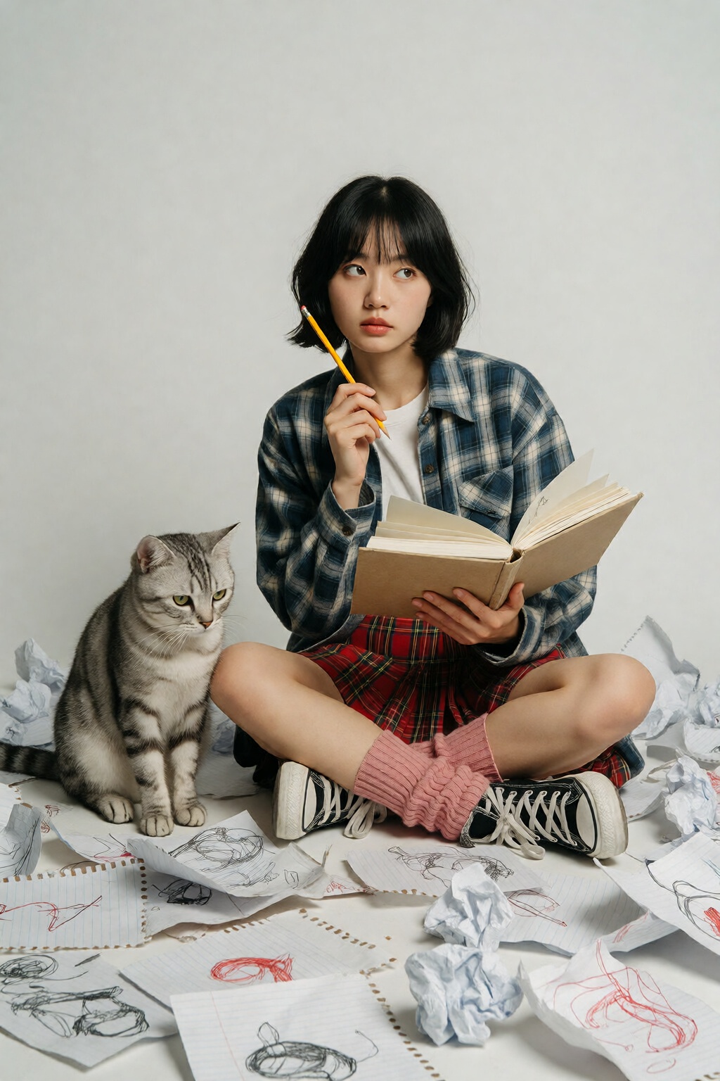 {"high_level_description":"A professional studio photograph of a pensive young Asian woman sitting cross-legged amidst a s...