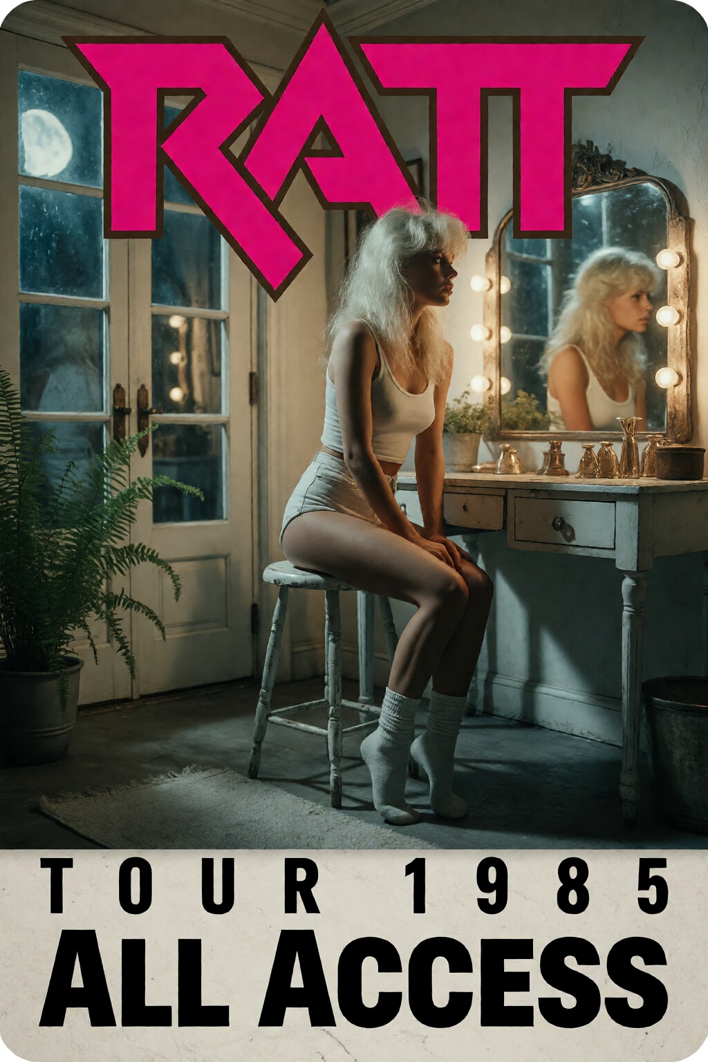 {"high_level_description":"A 1985 Ratt World Tour All Access pass,  featuring a high-contrast glam-metal aesthetic. A youn...