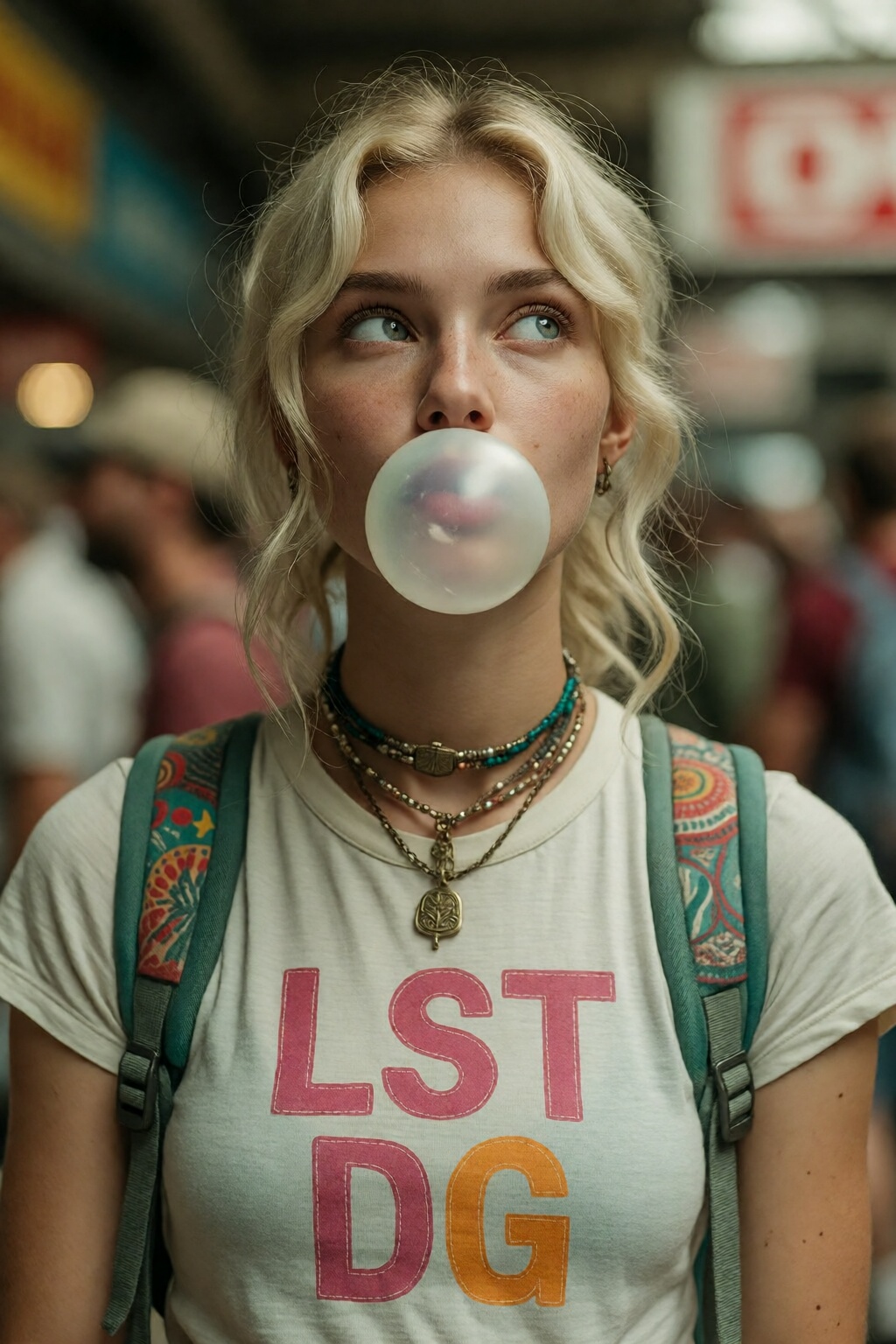 Young American woman with long,  wavy blonde hair tied back,  is blowing a bubble gum while glancing sideways and slightly...