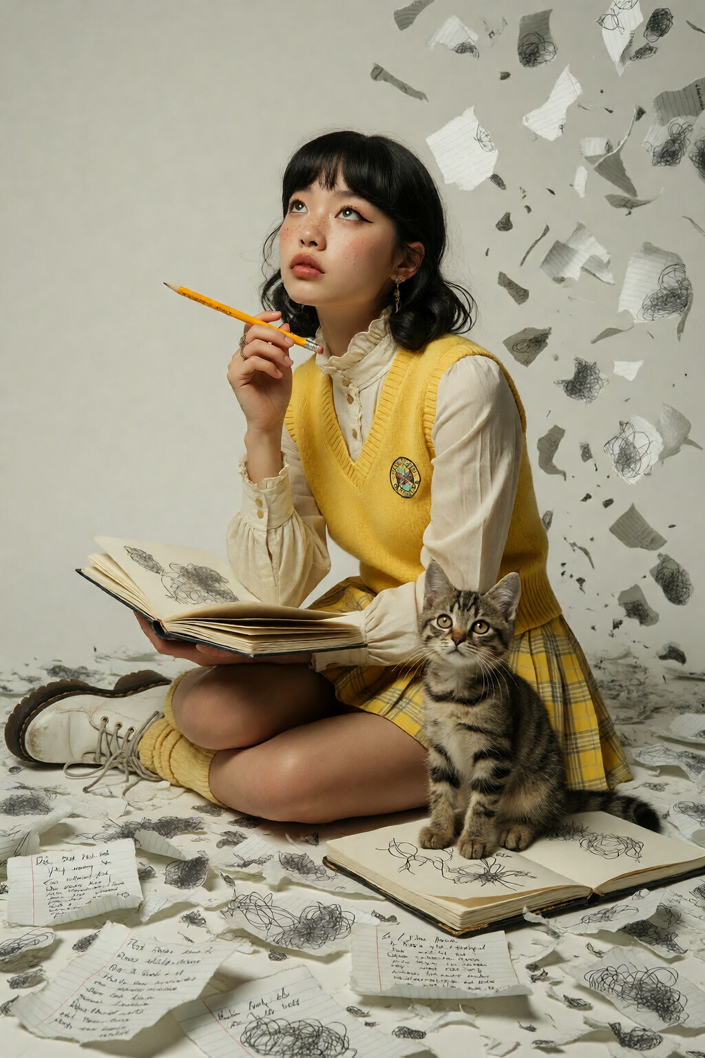 {"high_level_description":"A high-fashion,  whimsical portrait of a young Asian writer in a vibrant yellow schoolgirl aest...