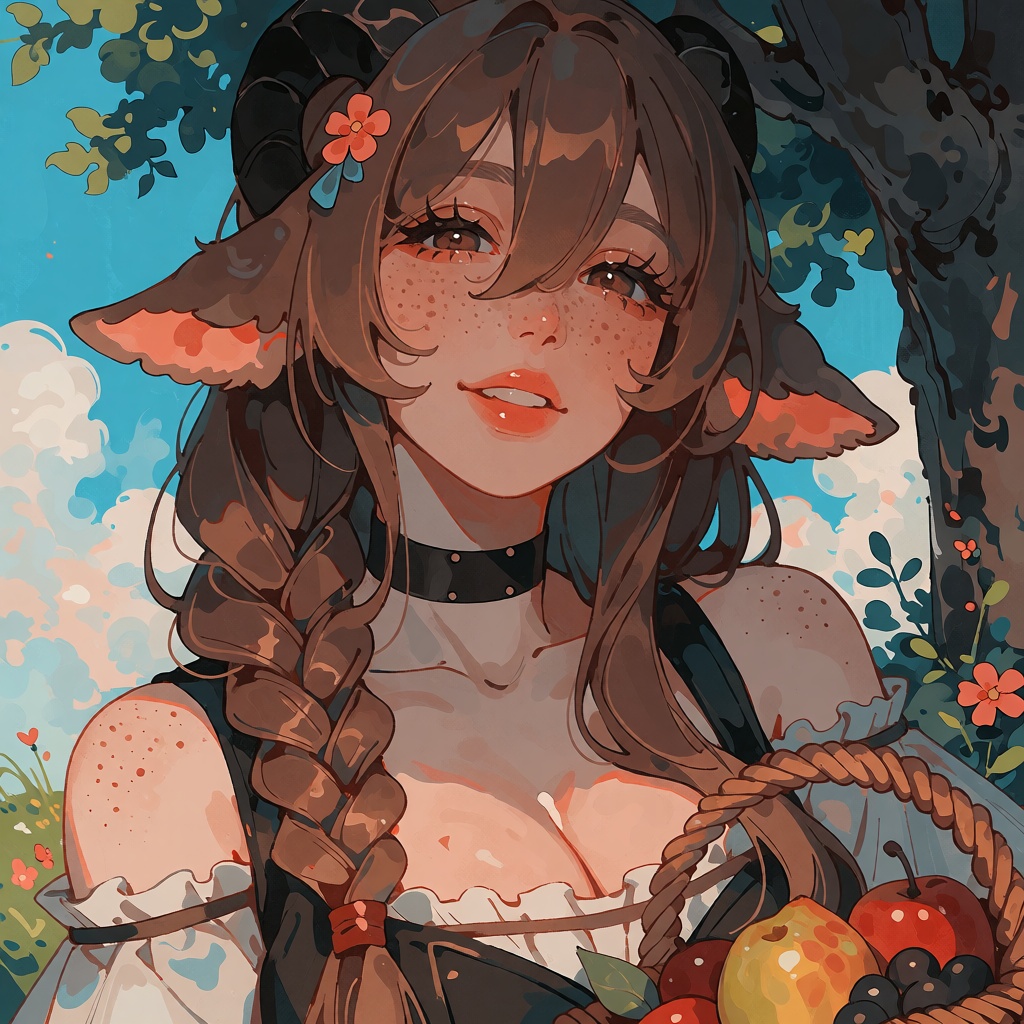 create a colorful digital anime illustration of a: A woman with long,  brown hair and freckles stands in an outdoor settin...