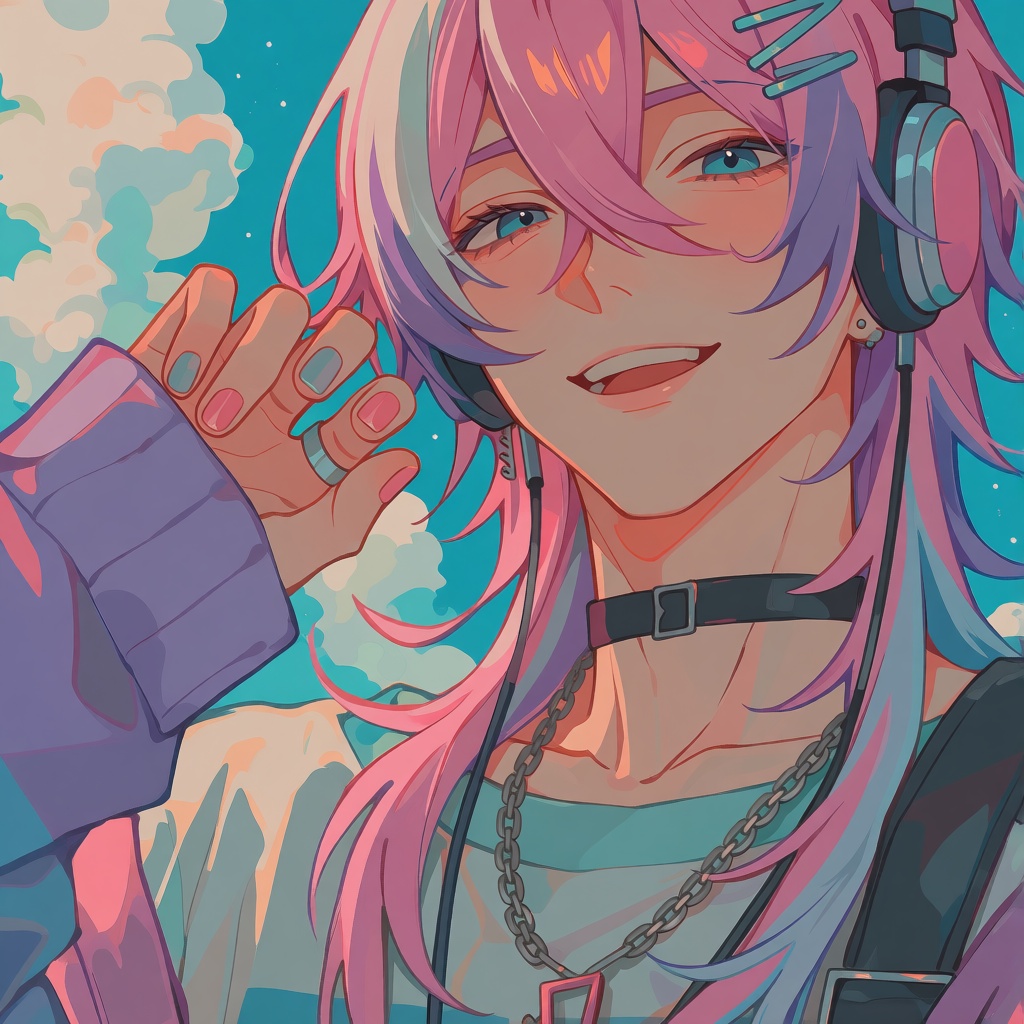 create a colorful digital anime illustration of a: Create a solo portrait of a man with long,  multicolored medium length...
