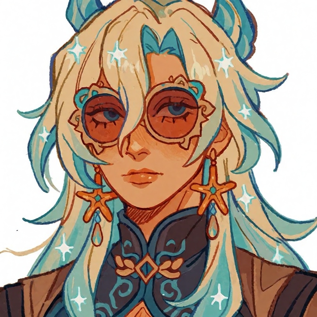 create a colorful hand drawn semi realistic illustration of a: The image depicts a stylized character with long,  flowing...