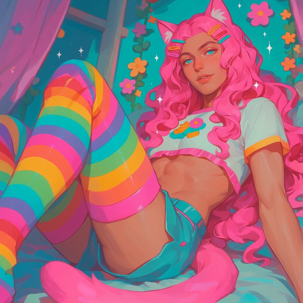 create a colorful digital semi realistic illustration of a: man,  pink hair,  long length hair on Tensor.Art
