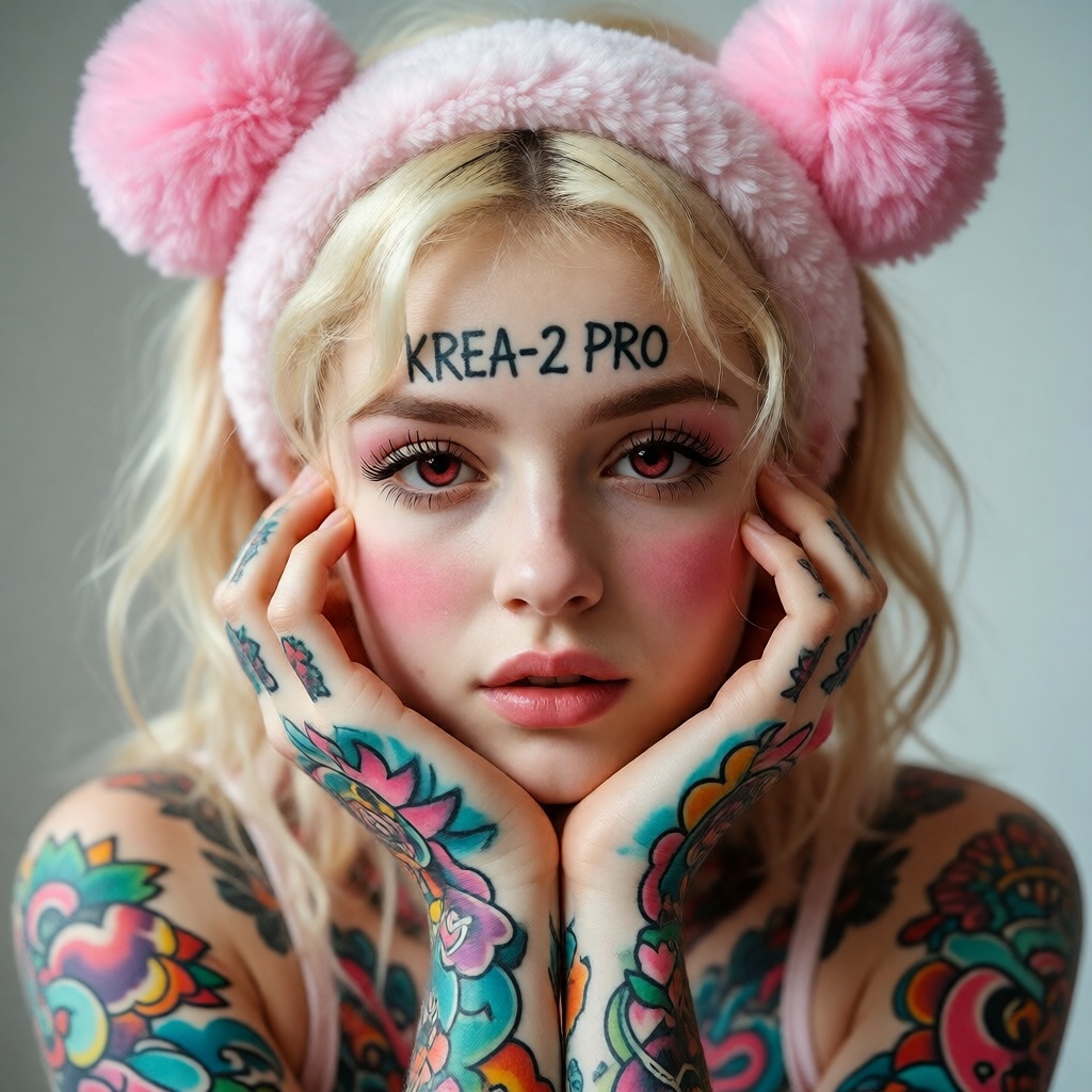 Realistic photographic style,  close-up portrait of a young woman with blonde hair. She is wearing a light pink headband a...