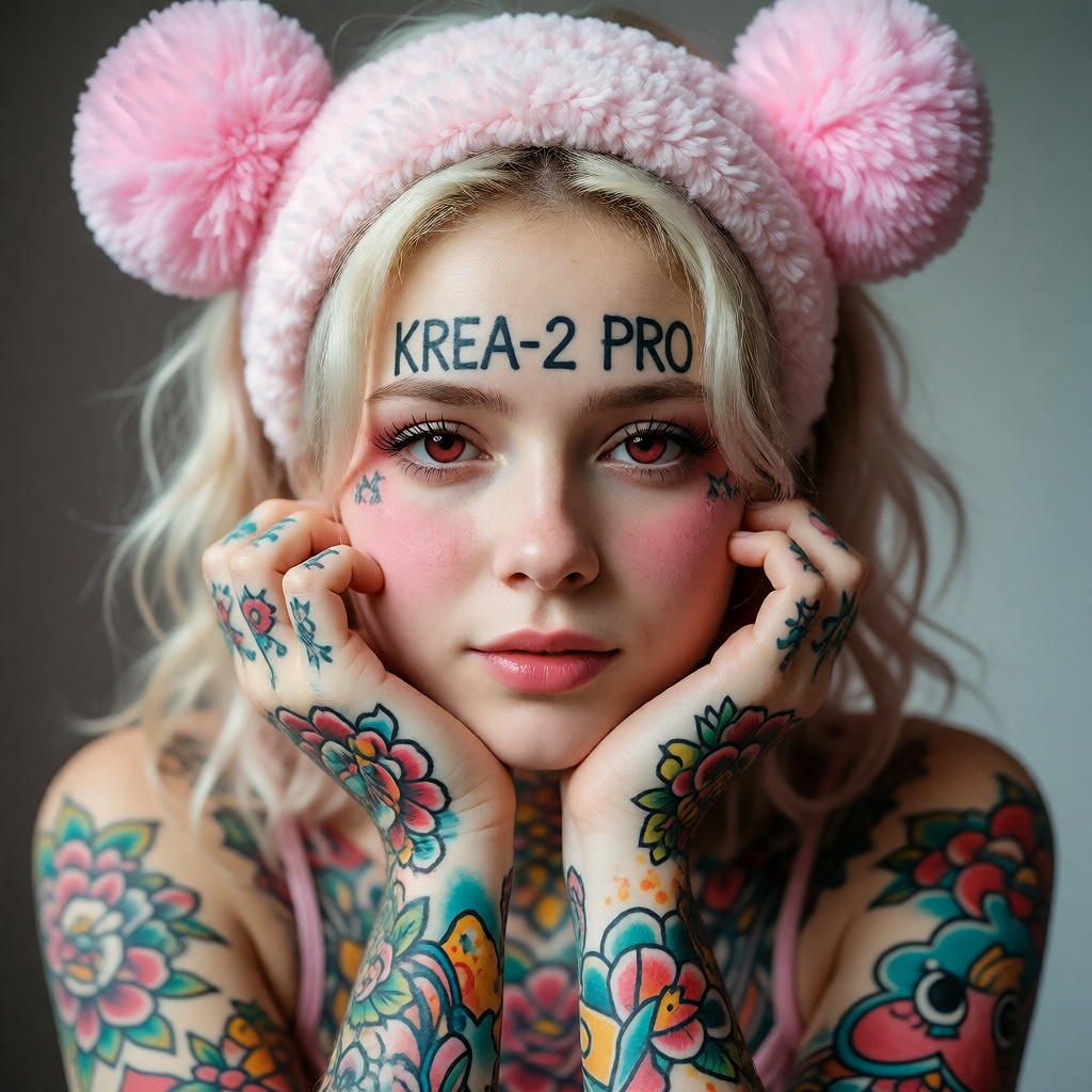 Realistic photographic style,  close-up portrait of a young woman with blonde hair. She is wearing a light pink headband a...