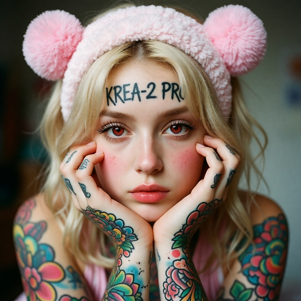 Realistic photographic style,  close-up portrait of a young woman with blonde hair. She is wearing a light pink headband a...