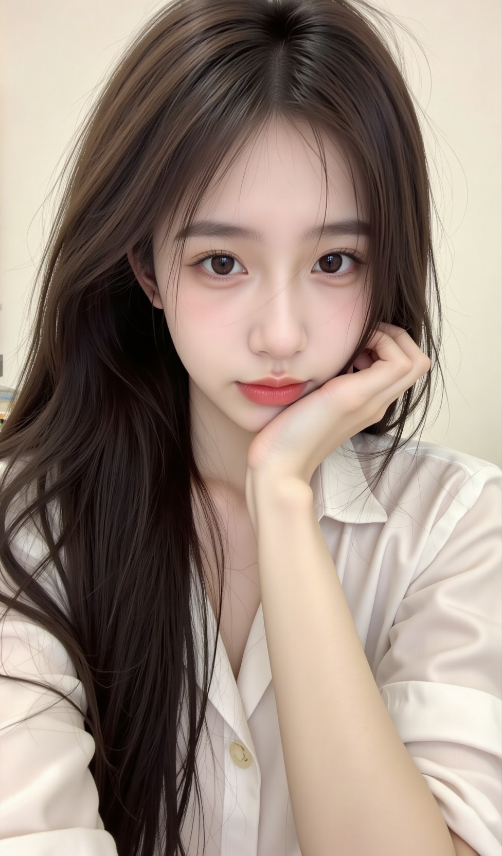 a woman with long hair and a white shirt is posing for a picture with her hand on her chin.XY by 枫林 on Tensor.Art